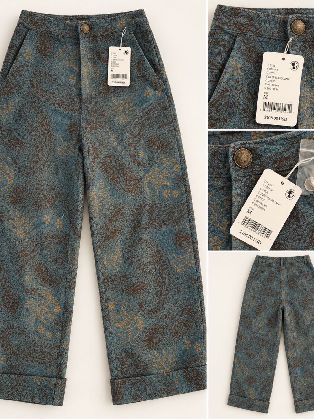 Free People Blue Paisley Boot-Cut Jacquard Pants with Gold Accents